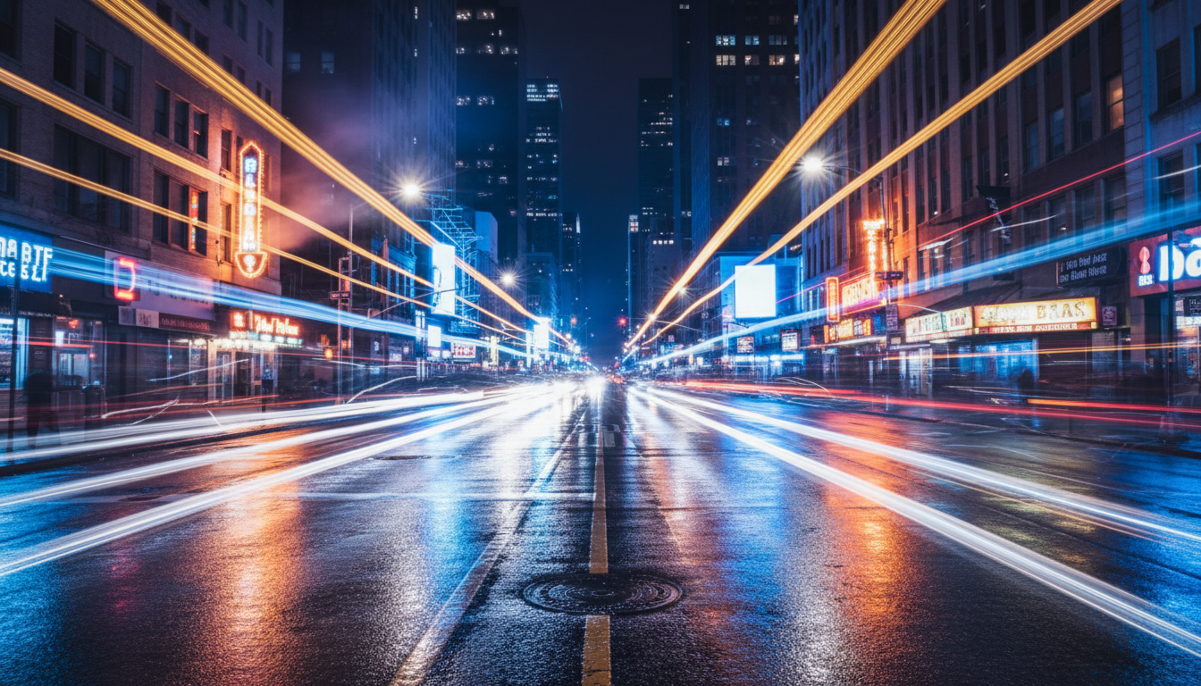 City nightlife with neon light trails