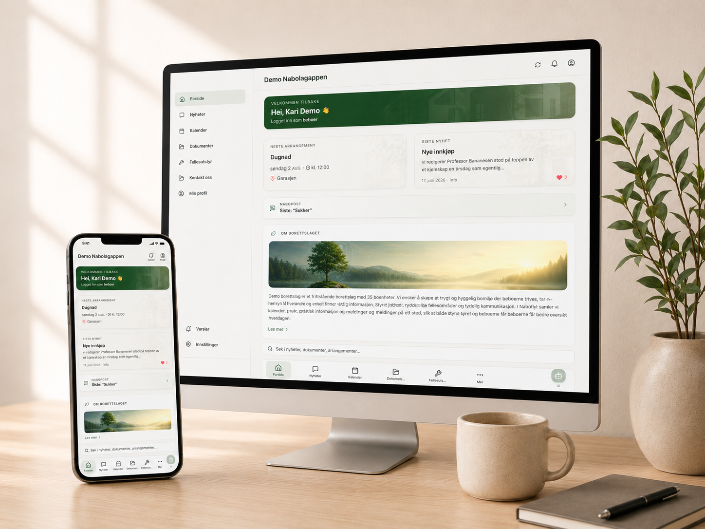 Naboflyt app for borettslag og sameier vist på mobil og datamaskin