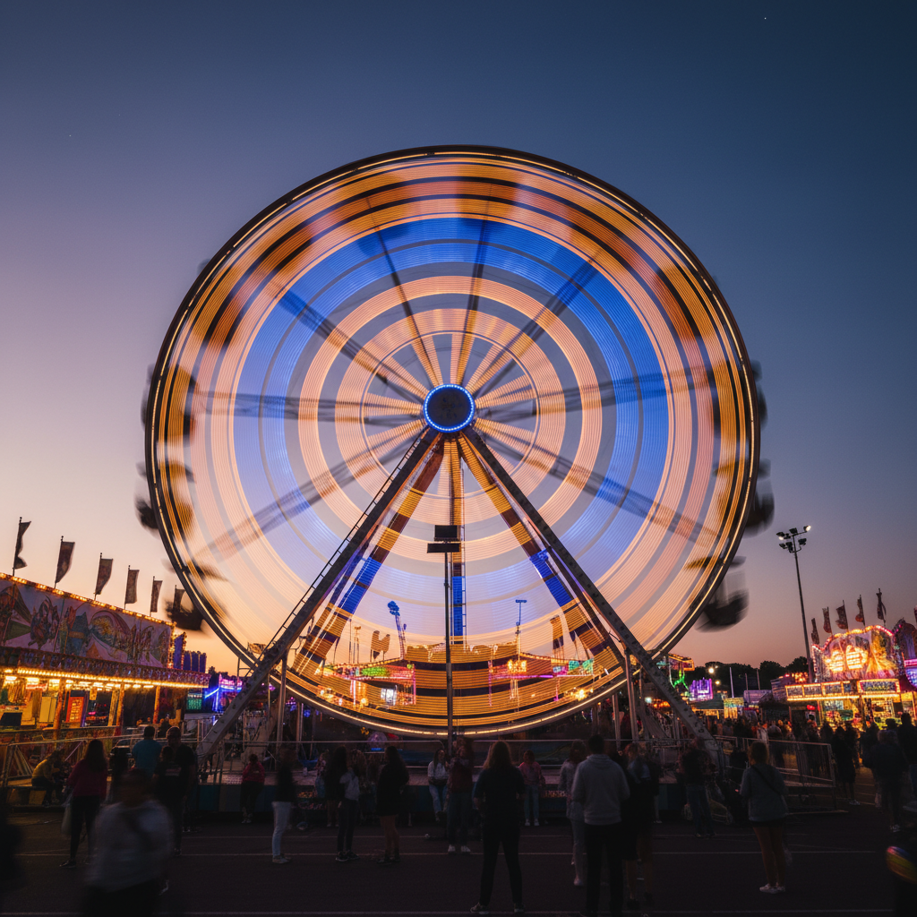 Spinning ferris wheel lights creating colourful motion trails at dusk