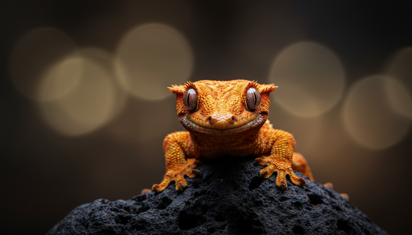 Premium crested gecko in dramatic macro photography