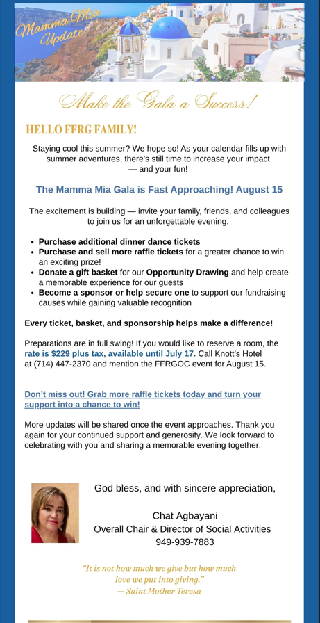 FFRGOC Mamma Mia Charity Gala — August 15, 2026