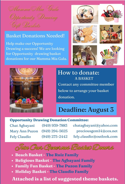 Mamma Mia Gala Opportunity Drawing Gift Baskets — Basket Donations Needed!