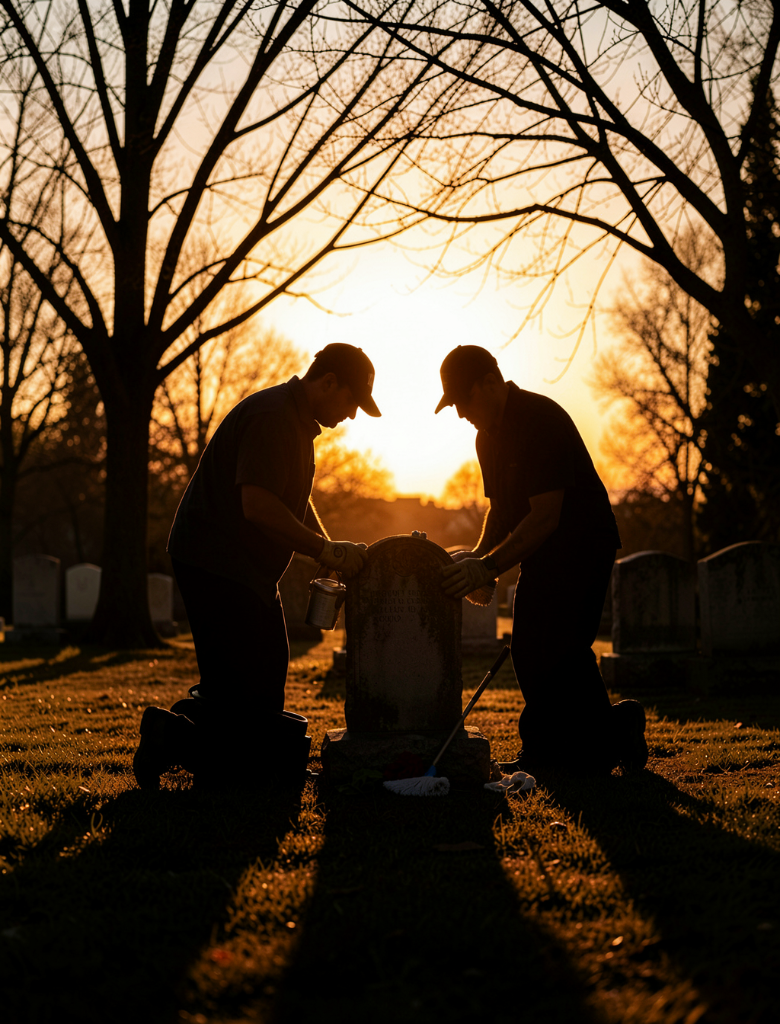 Two professionals restoring a headstone at sunset