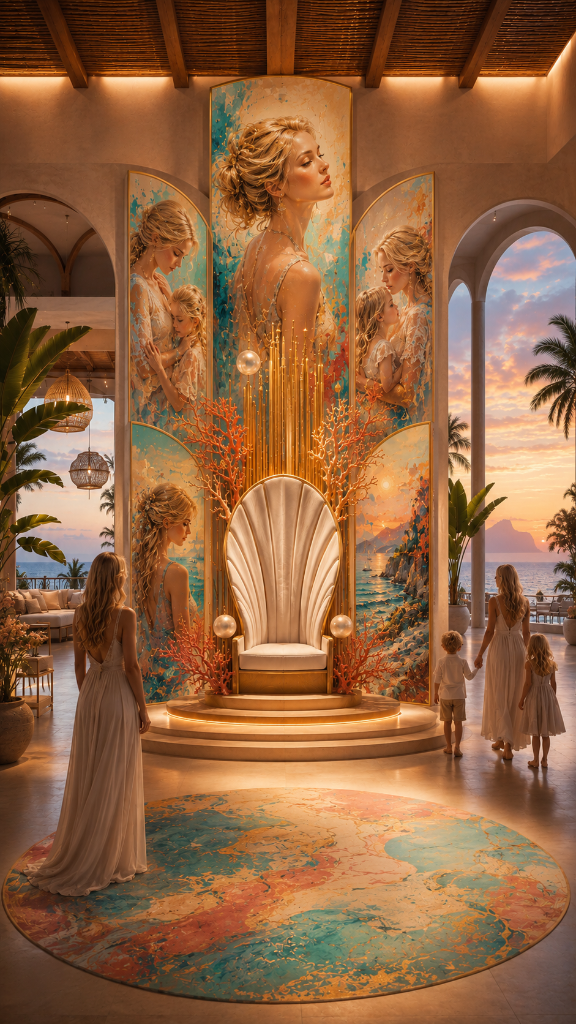 Main Queens of Sea & Family throne: luxury seafront hall in Ibiza with a golden seashell throne, mural of queens and a family