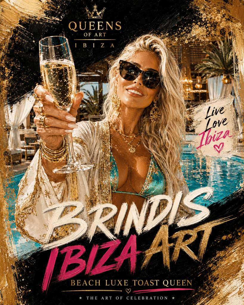 Cartel Brindis Ibiza Art con mujer rubia brindando en un beach club de lujo