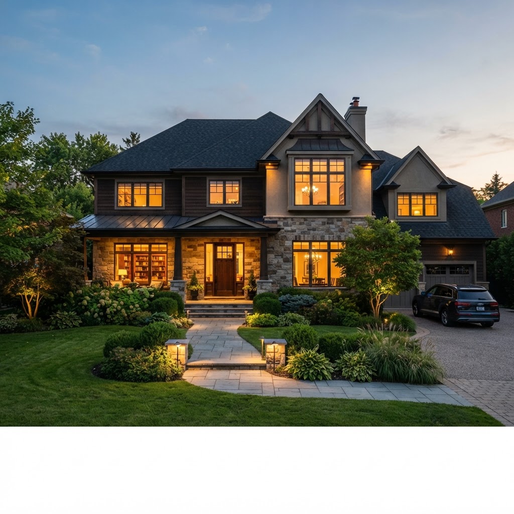Large suburban home at dusk