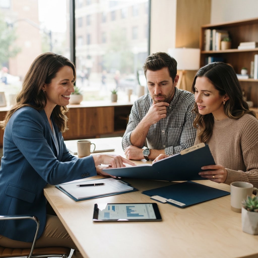 Loan officer comparing two mortgage options with a couple