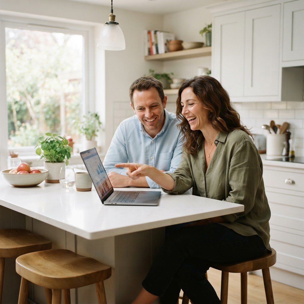 Couple at home reviewing their online home equity line of credit application on a laptop
