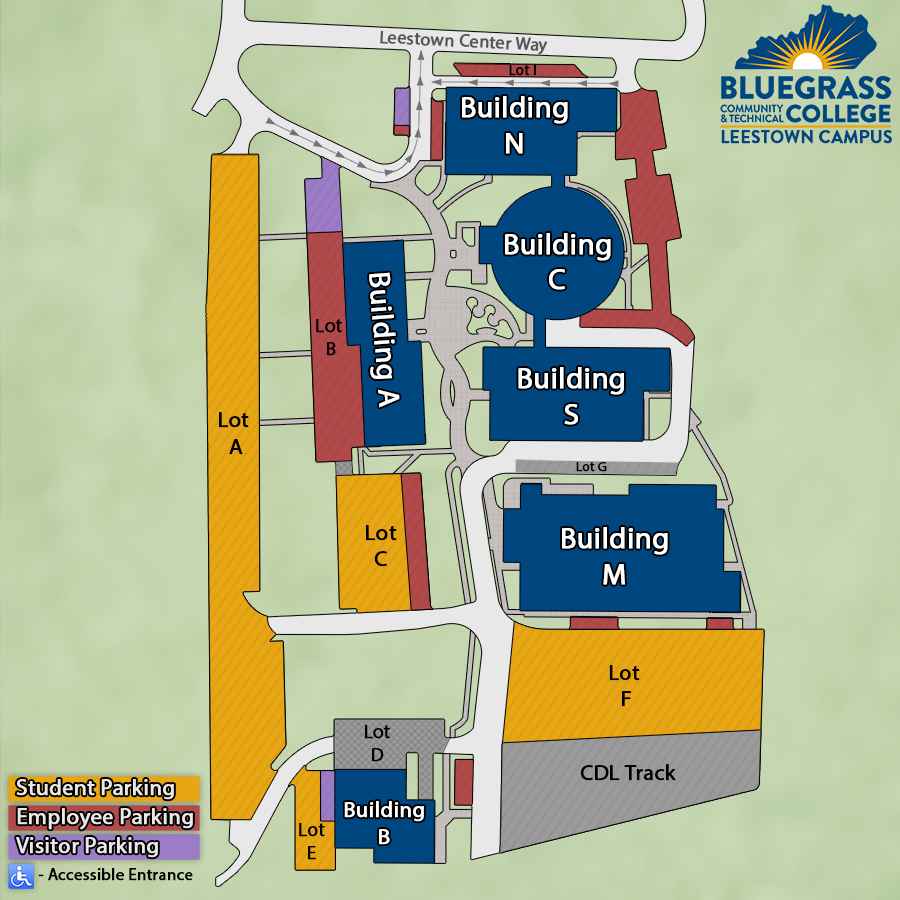 BCTC Leestown Campus parking map showing Buildings A, B, C, M, N and S and parking Lots A through I, with student, employee, and visitor parking color-coded
