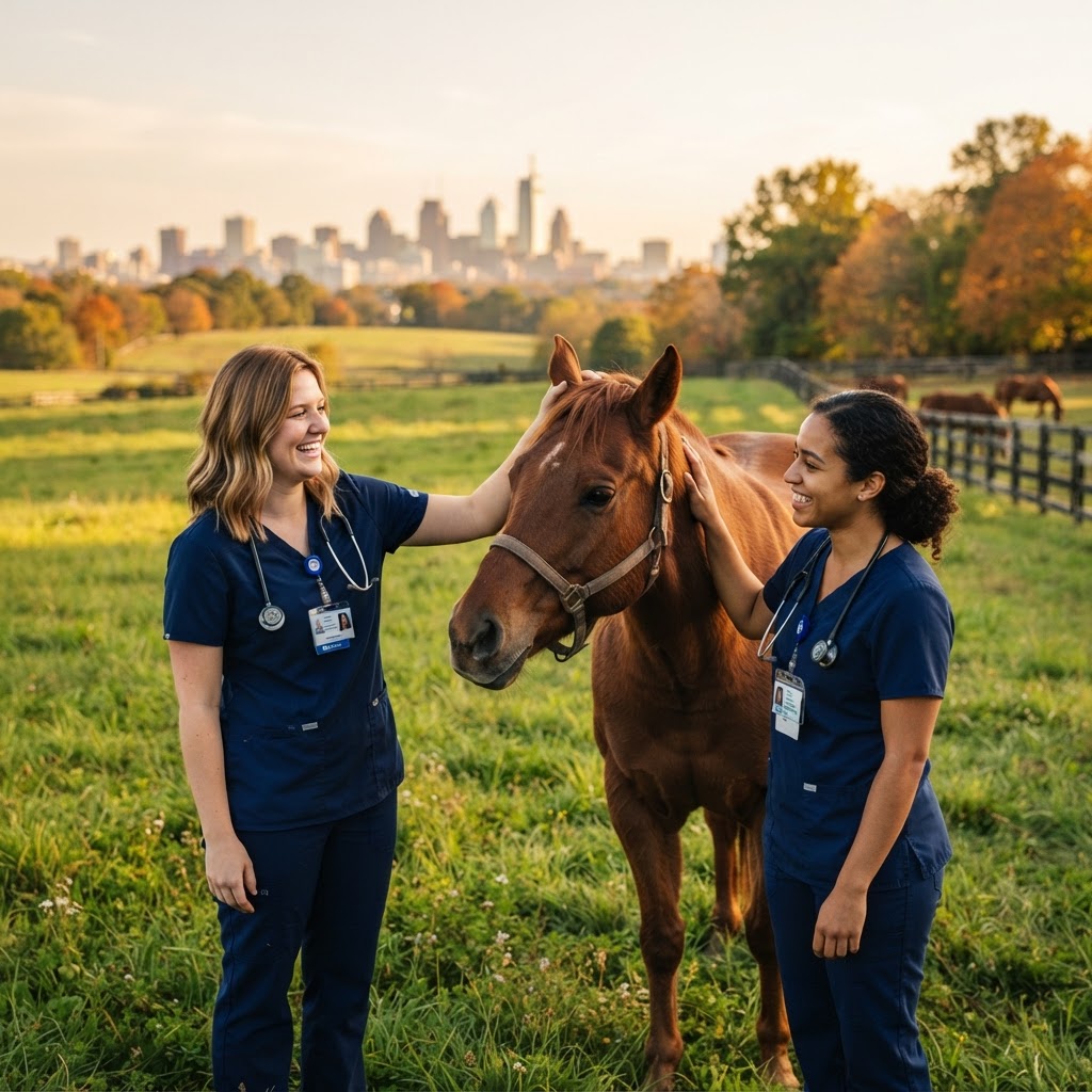 Nursing students with a horse in a Kentucky pasture