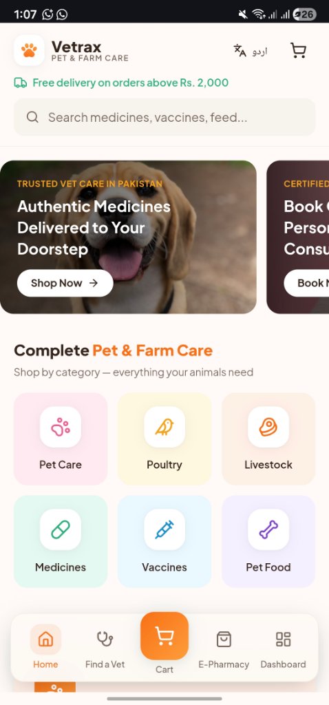 Vetrax mobile app home screen