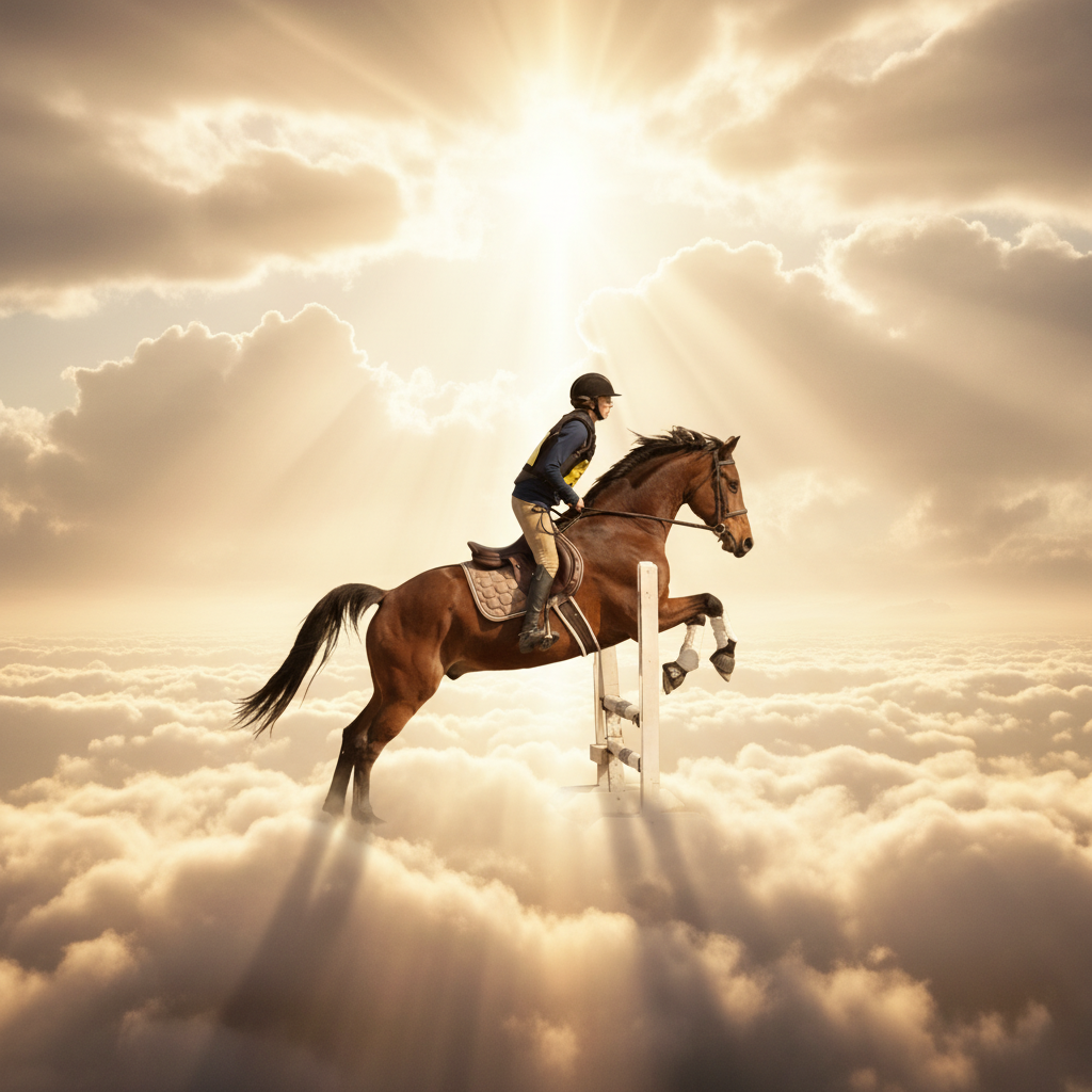 Horse and rider jumping through heavenly clouds