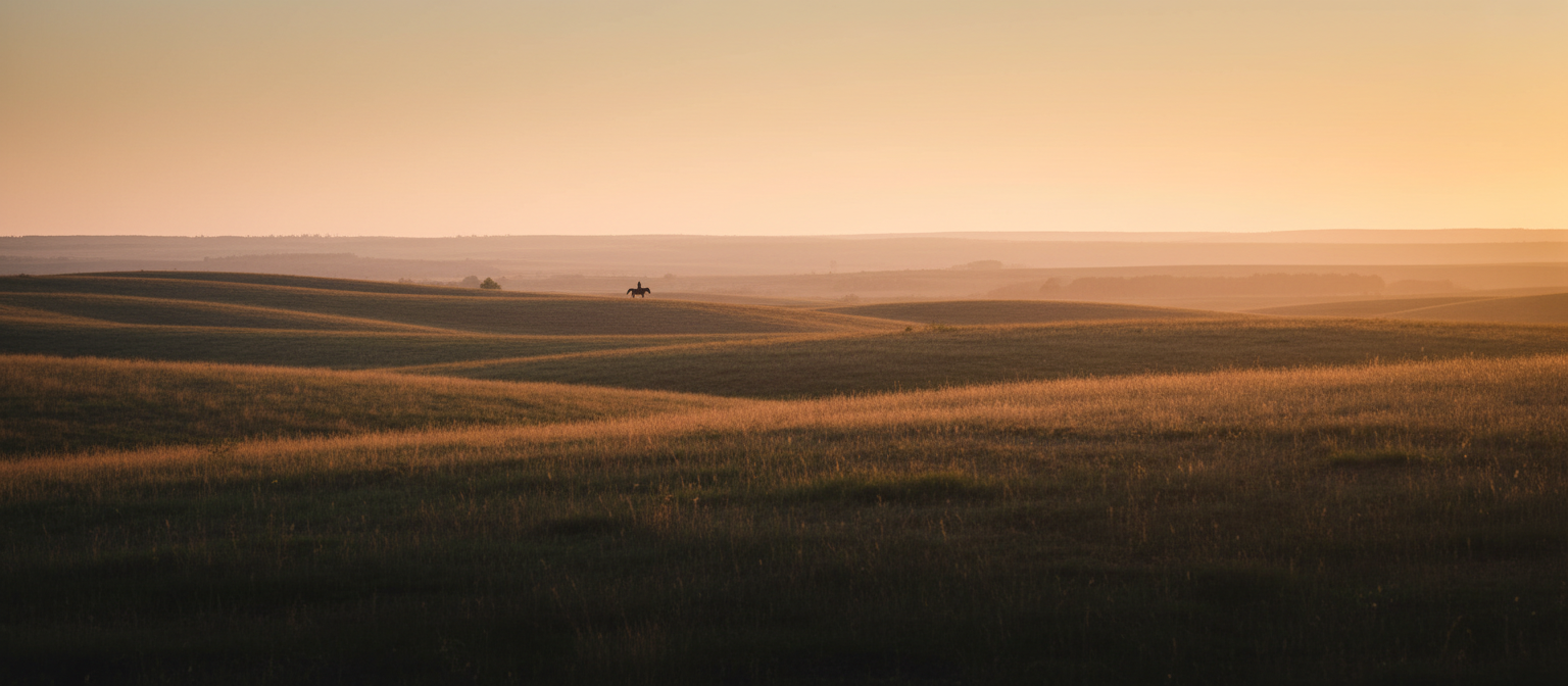 Peaceful equestrian landscape at golden hour fading into the horizon