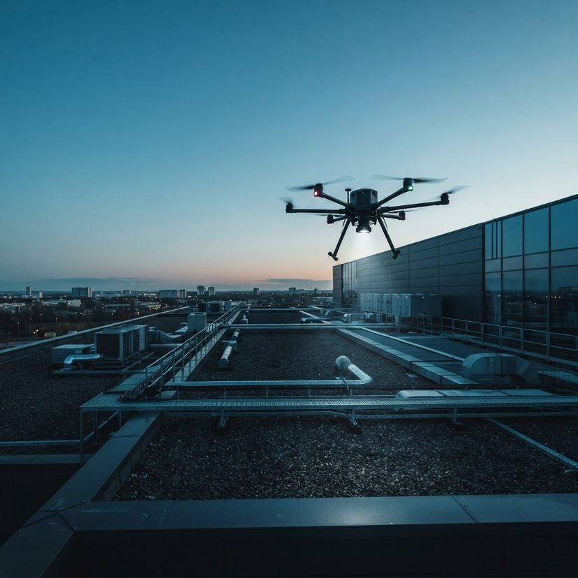 Drone hovering over a commercial roof for a thermal survey.
