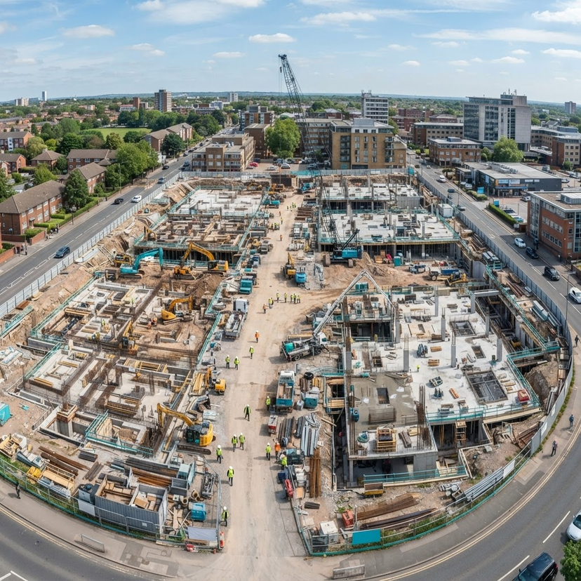 An aerial view of a construction site under development.