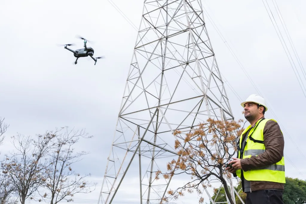Drone pilot carrying out an aerial inspection of power infrastructure