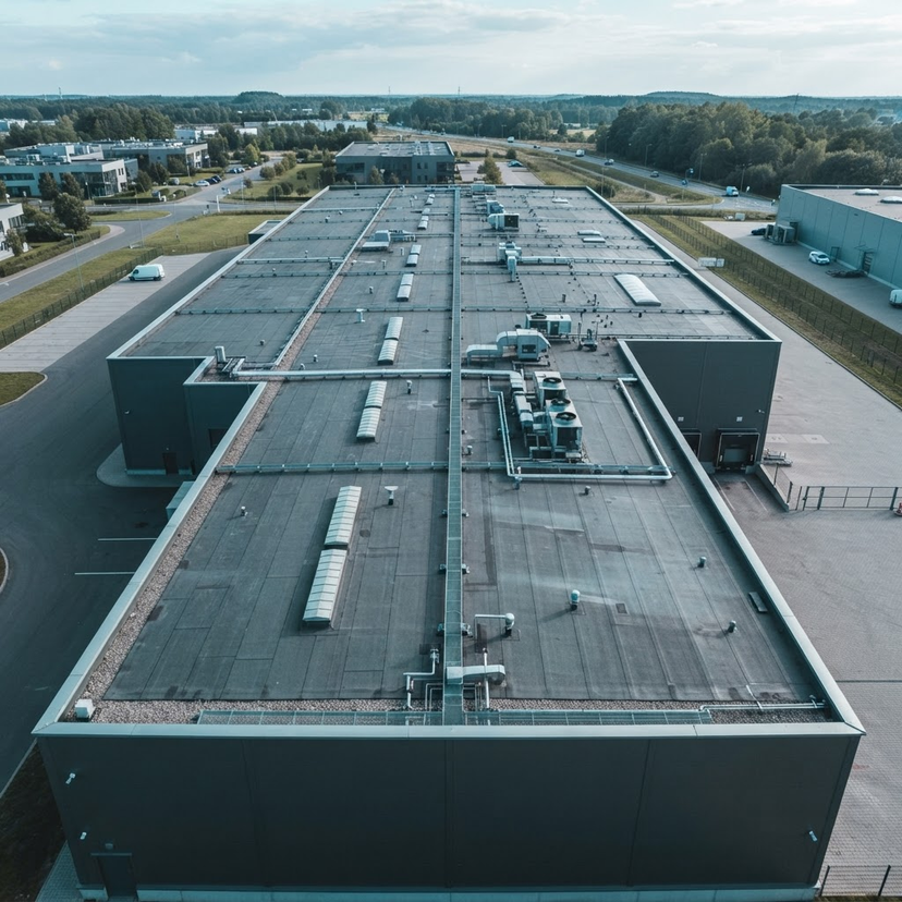 An aerial view of a commercial roof structure as seen from a drone.