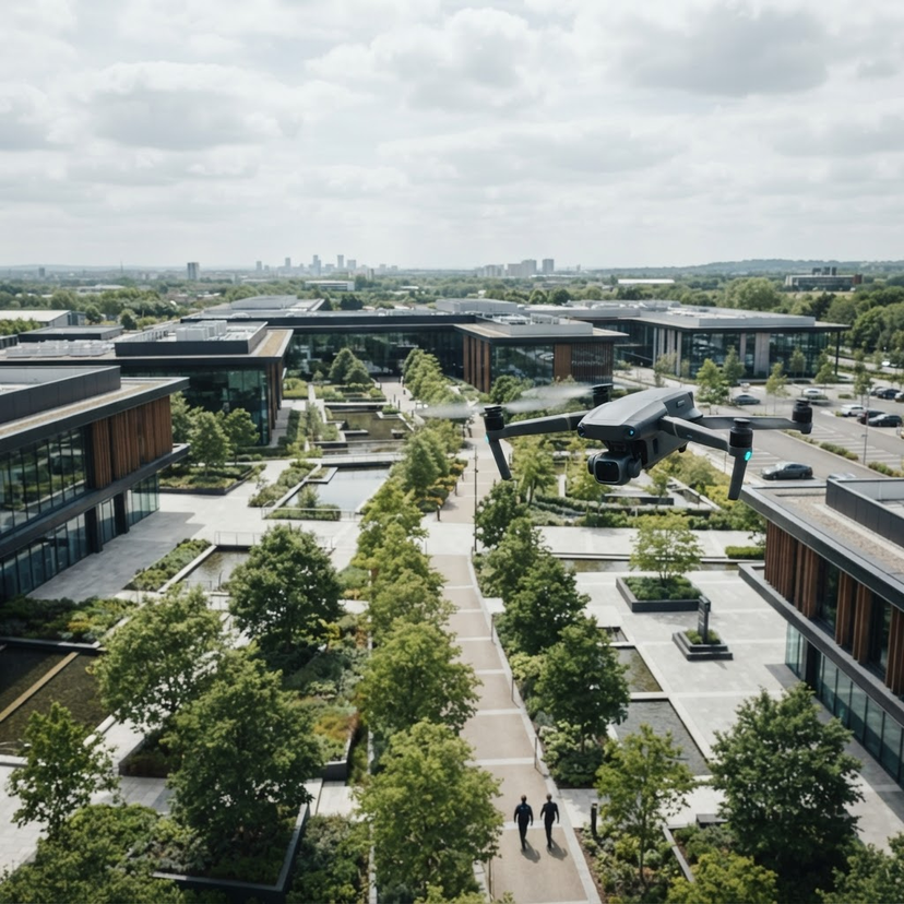 A professional drone in flight over a commercial property.