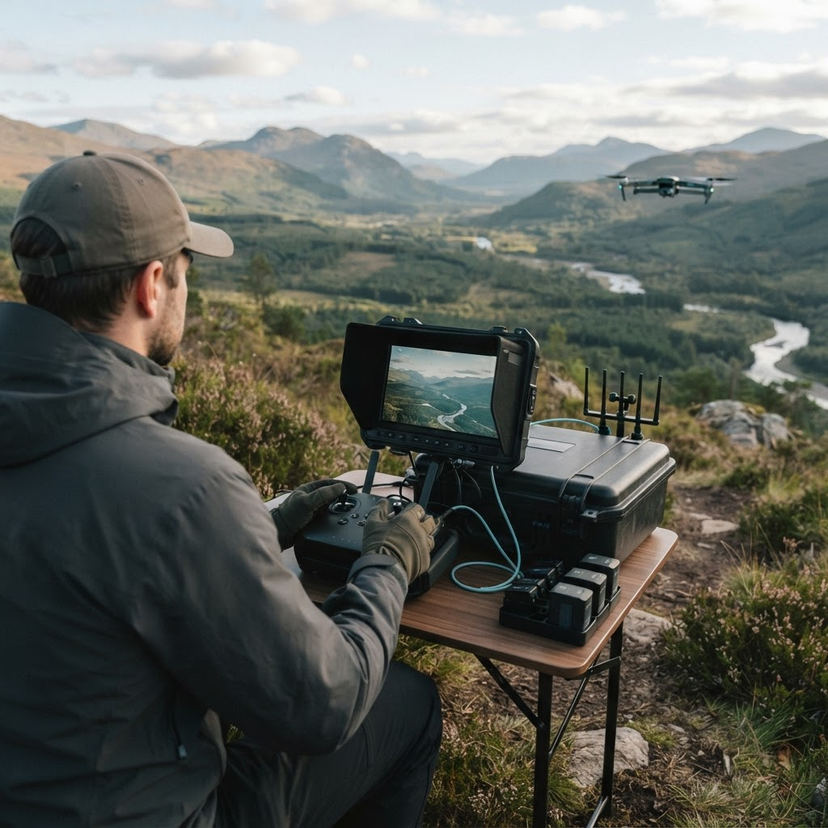 A drone pilot using professional equipment on location.