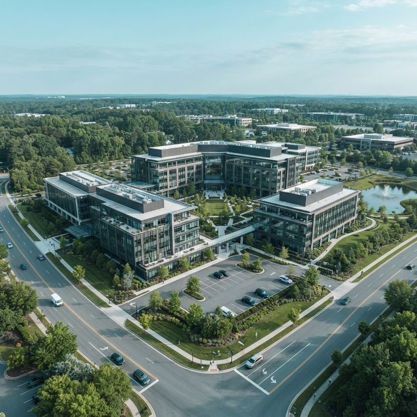 A high-angle aerial view of a commercial property development.
