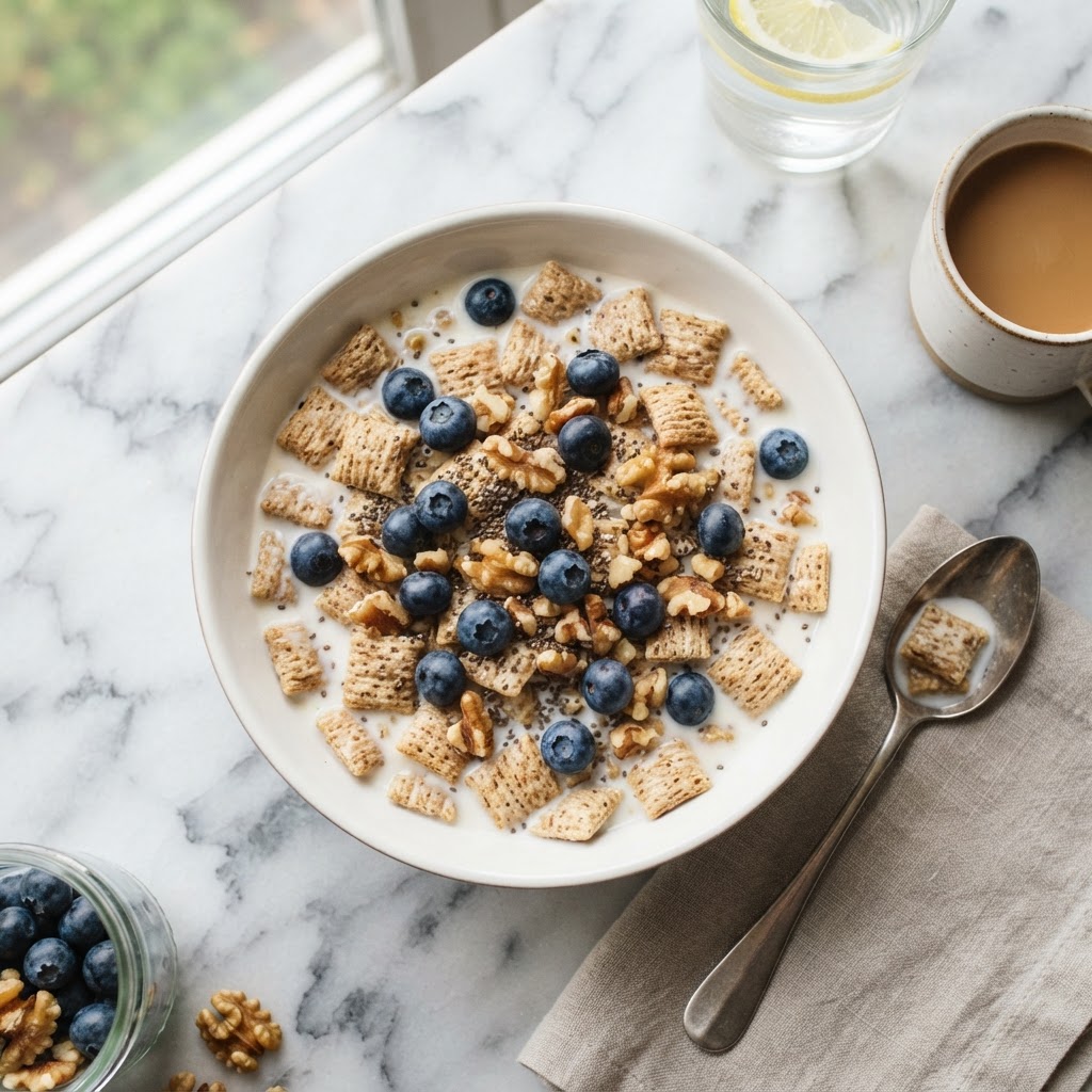 Chex Cereal with Sliced Almonds & Blueberries