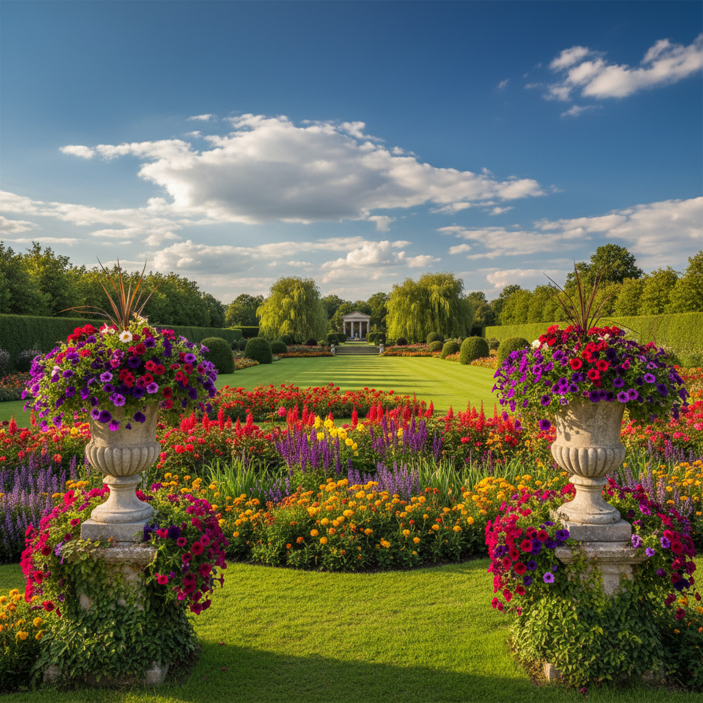 Beautiful garden with sculptures and lawn ornaments