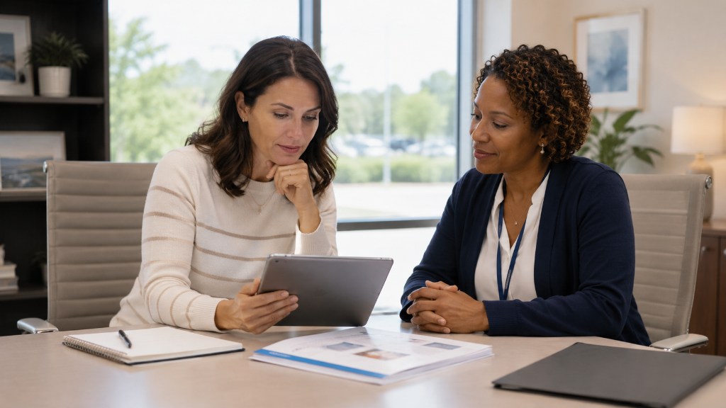 Participant independently reviewing clinical trial information on a tablet with clinical research professional seated nearby available for questions.