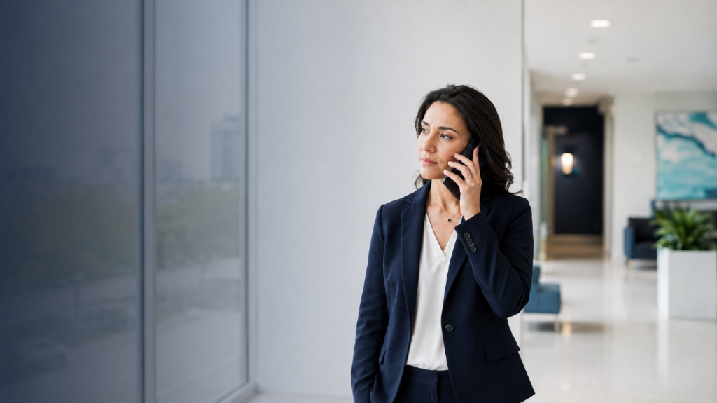 Clinical research professional conducting candidate follow-up by phone at a modern research site