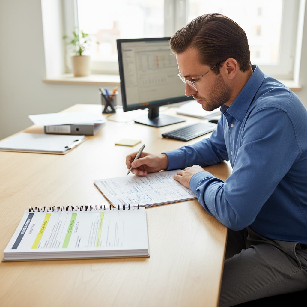 Clinical research professional reviewing a printed protocol document with inclusion and exclusion criteria alongside a candidate eligibility assessment form with handwritten notes.