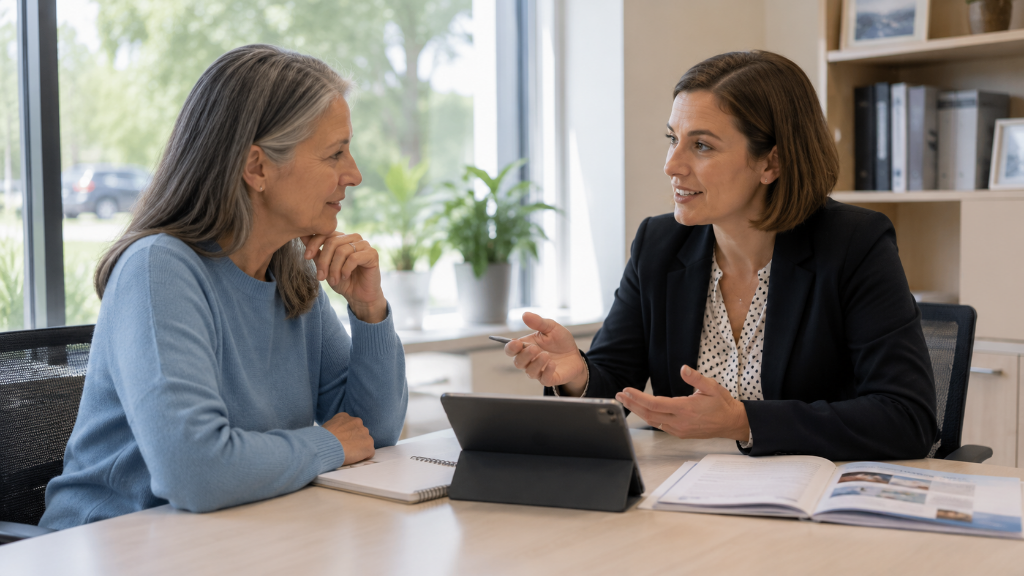 Patient reviewing clinical trial information and options before deciding to participate, with a healthcare provider present.