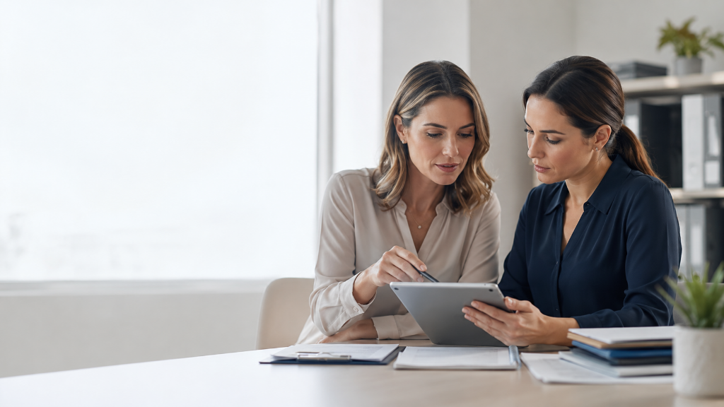 Two clinical research professionals coordinating referral intake and prescreening workflow.