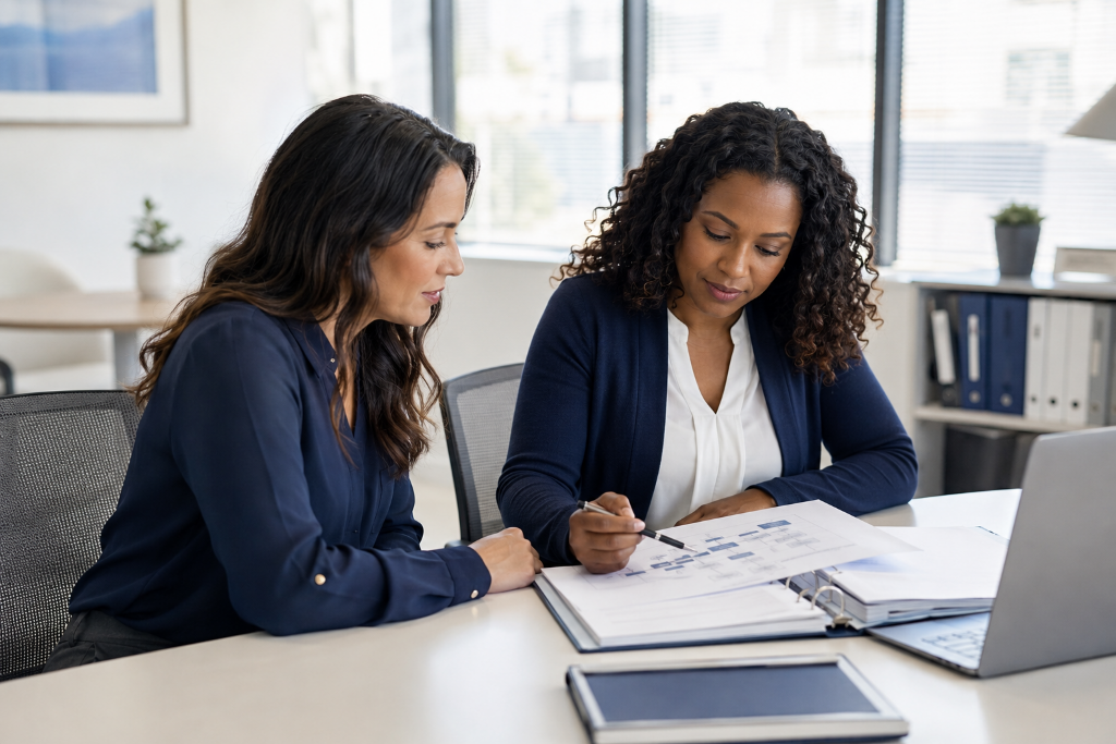 Two clinical research professionals reviewing a study-specific intake and prescreening workflow.