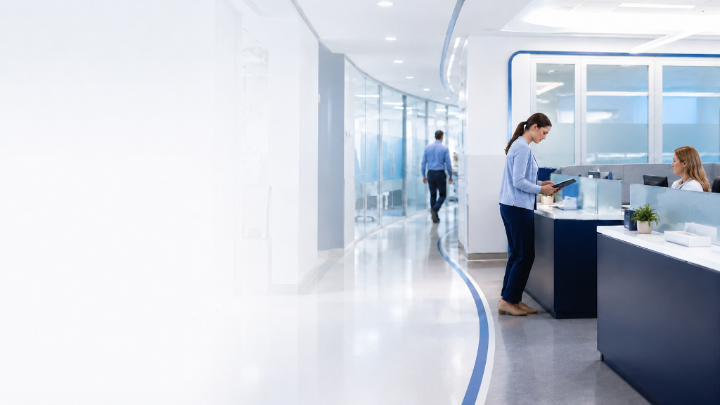 Clinical research office workspace with professionals at a reception desk and a curved blue floor accent line