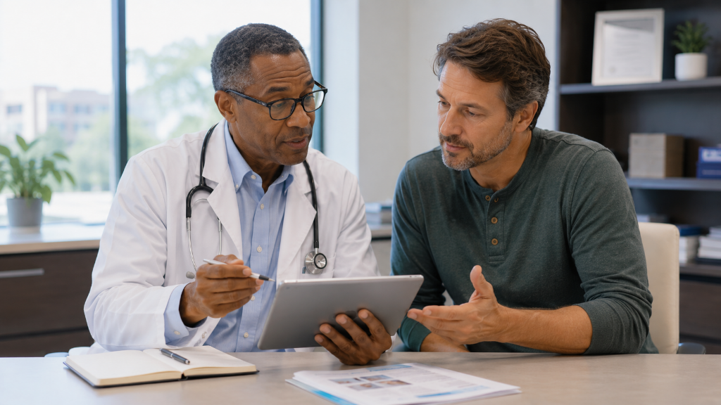 Patient discussing clinical trial details, eligibility, and next steps with a healthcare provider at a research facility.