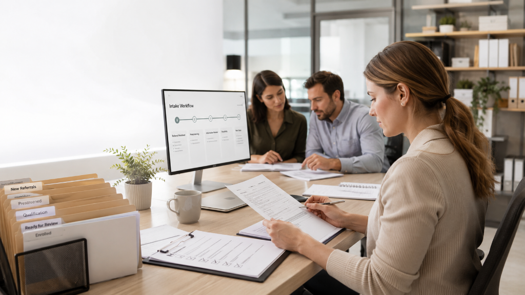 Clinical research enrollment team reviewing referral intake forms, prescreening documentation, and an organized candidate workflow at a research site.