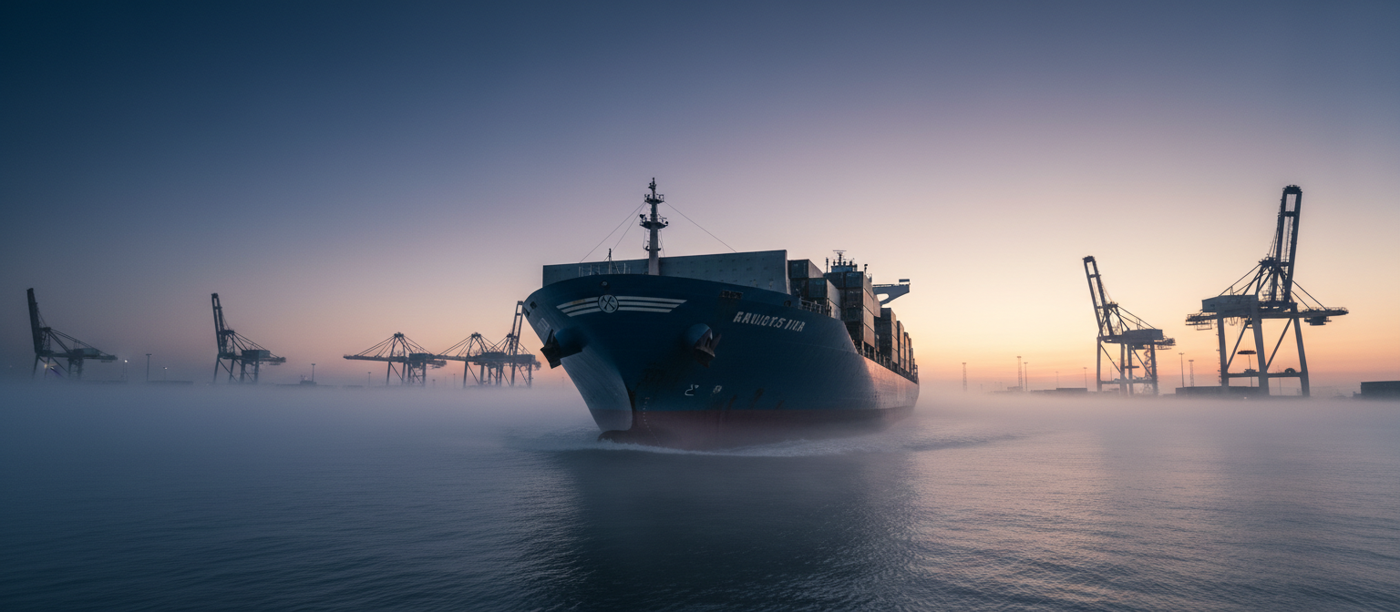 Container vessel entering Limassol port at dawn