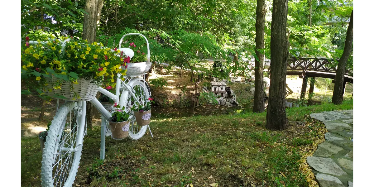 Water mills behind the decorative bicycle