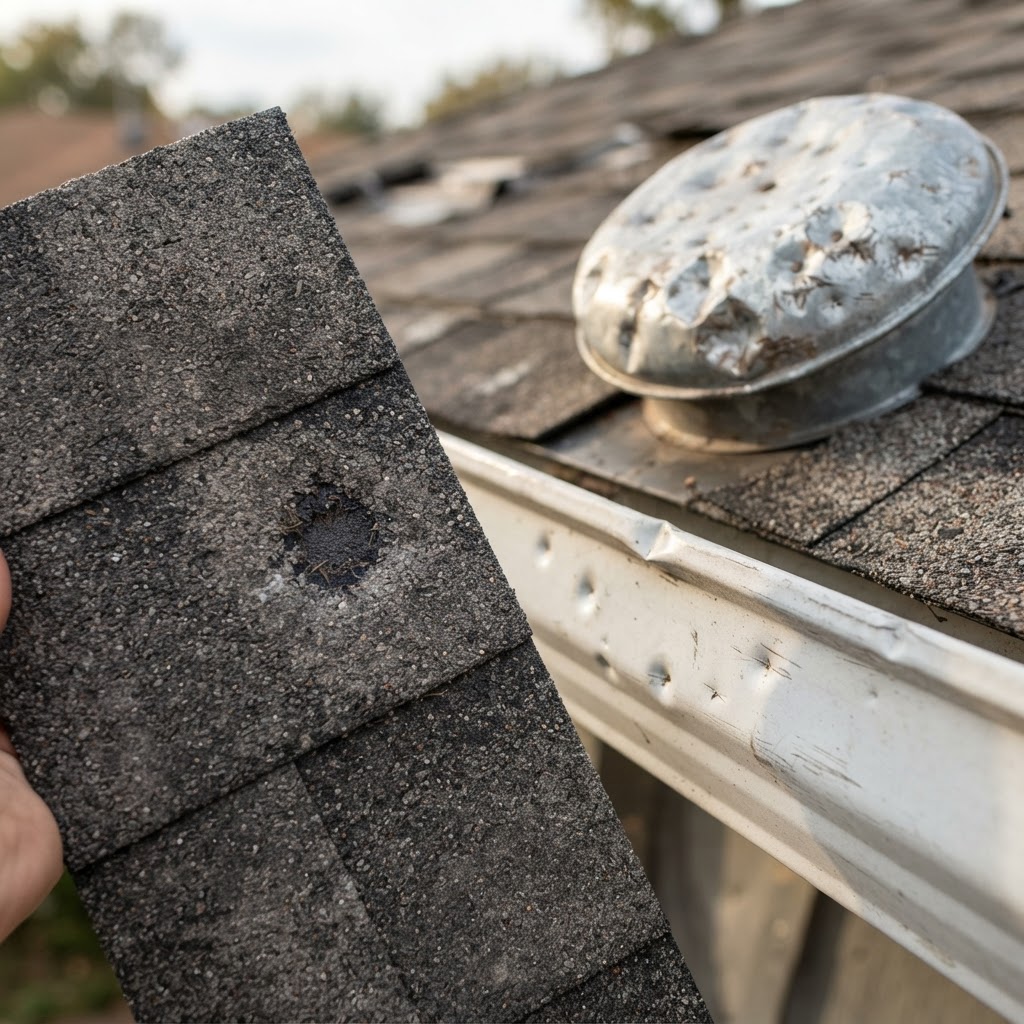 Close-up of hail-bruised asphalt shingle with granule loss and a dented gutter section