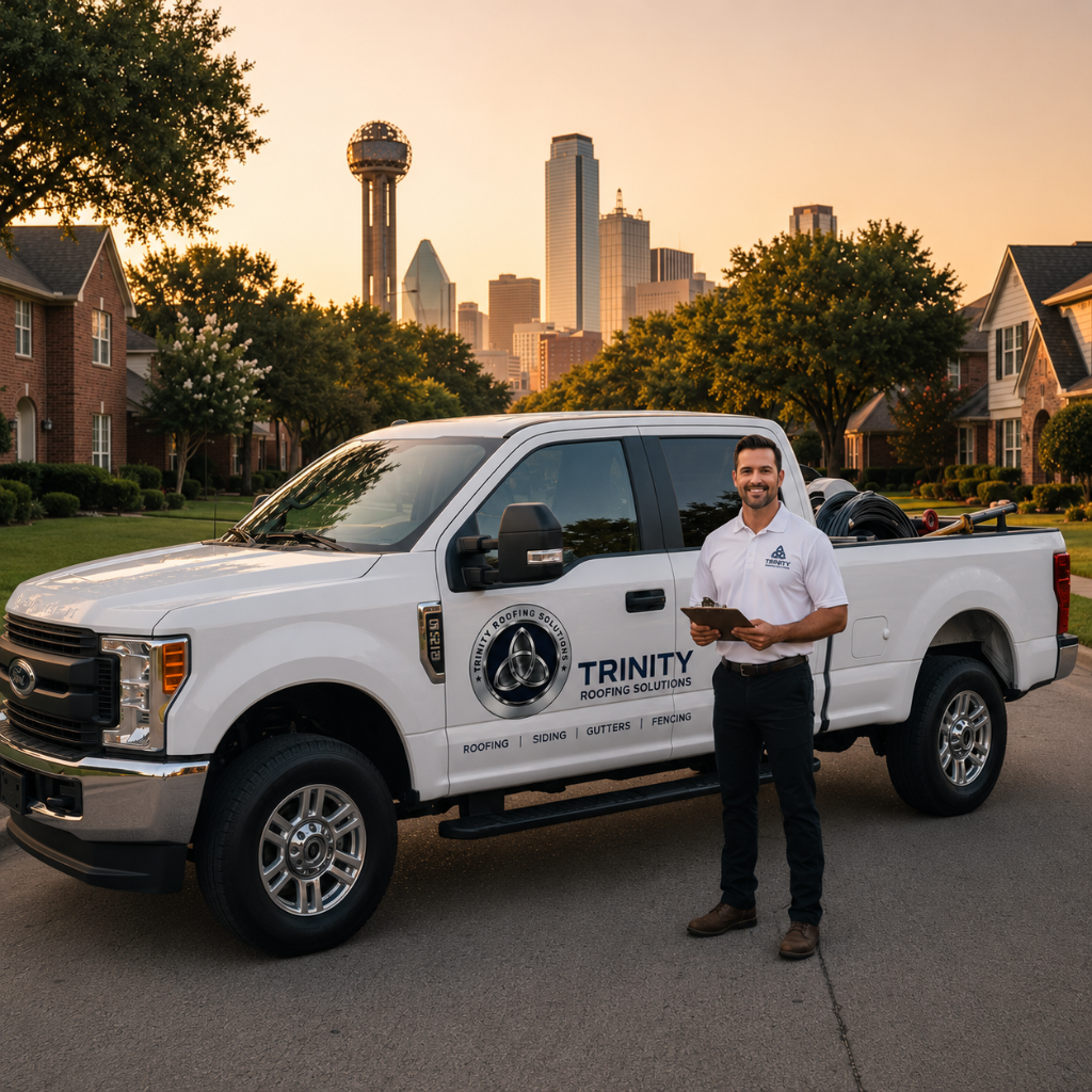 Trinity Roofing truck with Dallas skyline