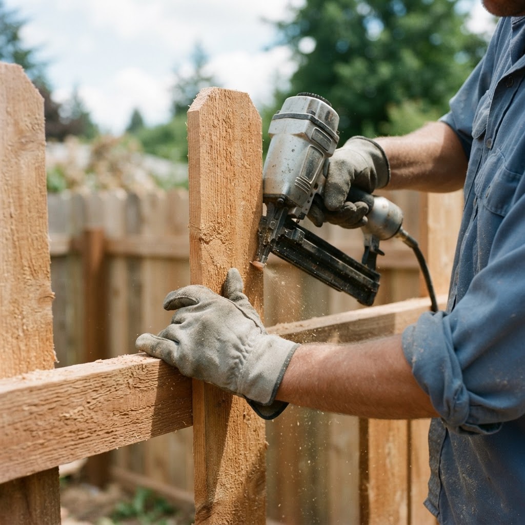 Cedar fence pickets being fastened to the rail during installation