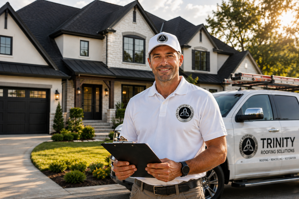 Trinity Roofing contractor standing in front of a finished roof
