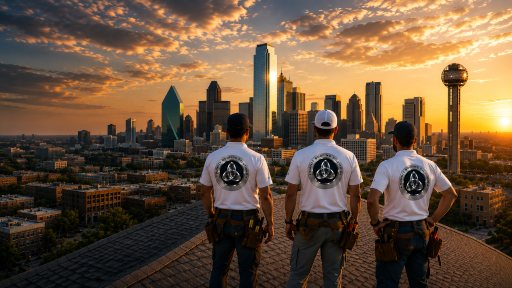 Trinity Roofing team overlooking Dallas skyline
