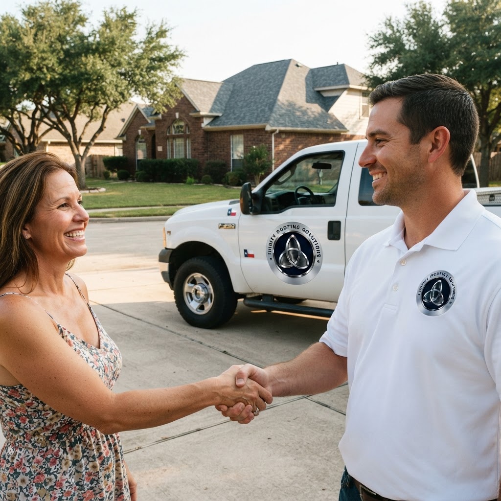 Trinity Roofing truck with Dallas skyline