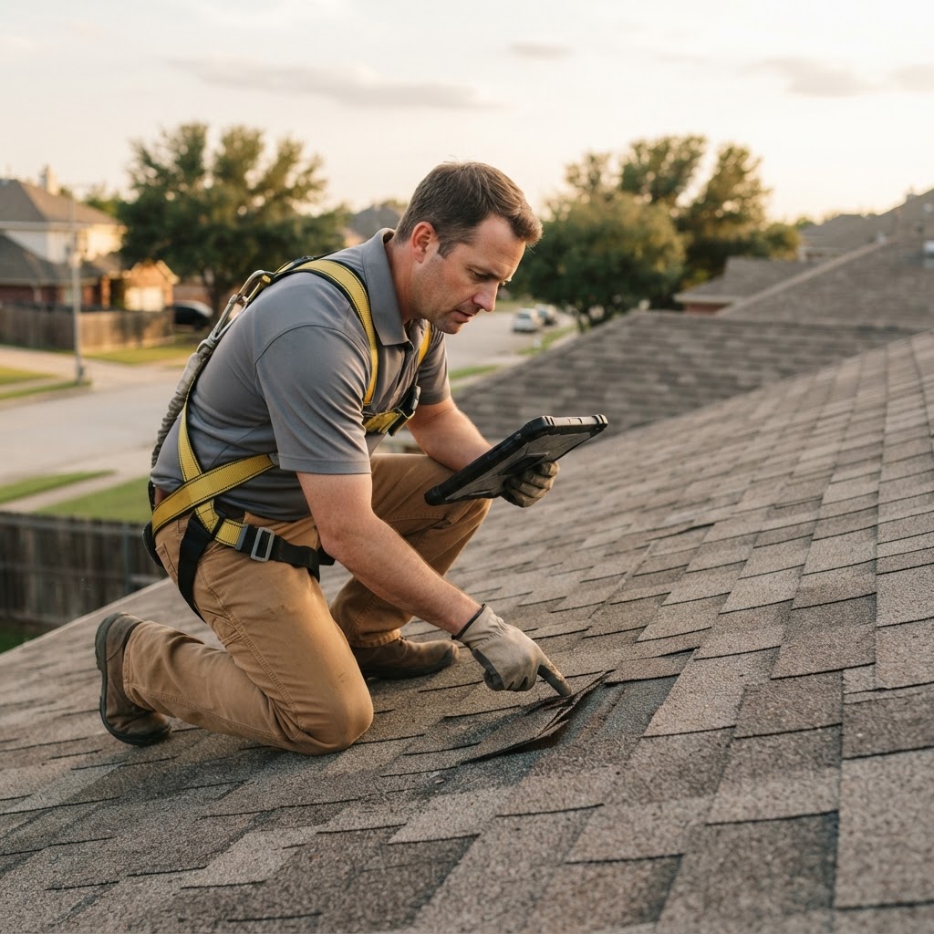 Trinity Roofing inspector documenting roof damage