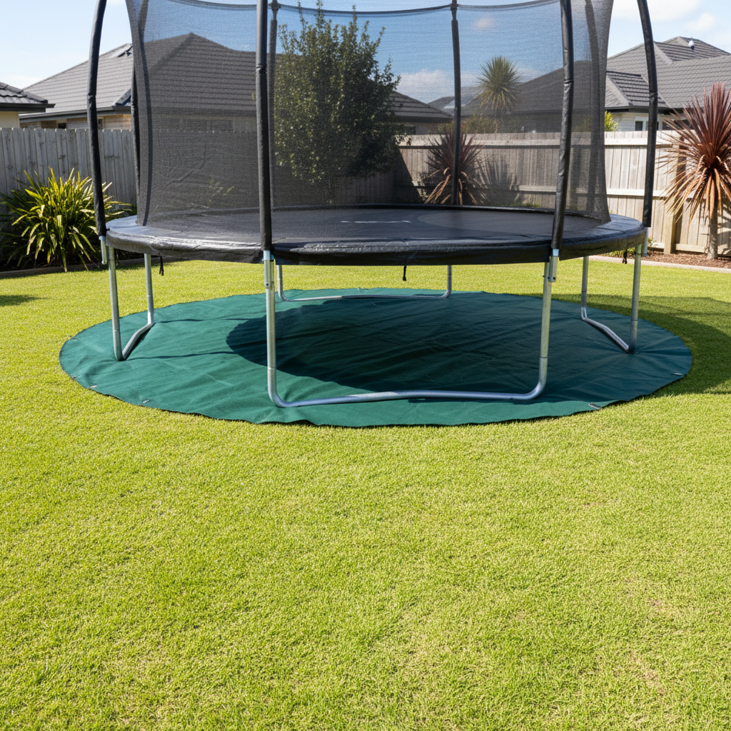 Dark green TrampMat under trampoline
