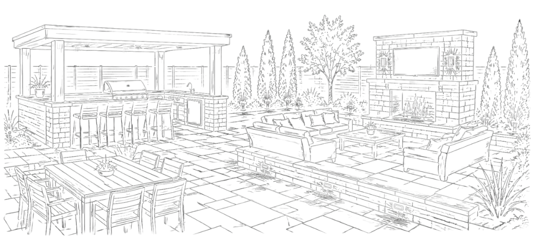 Architectural sketch of an outdoor patio at night with fireplace and outdoor kitchen