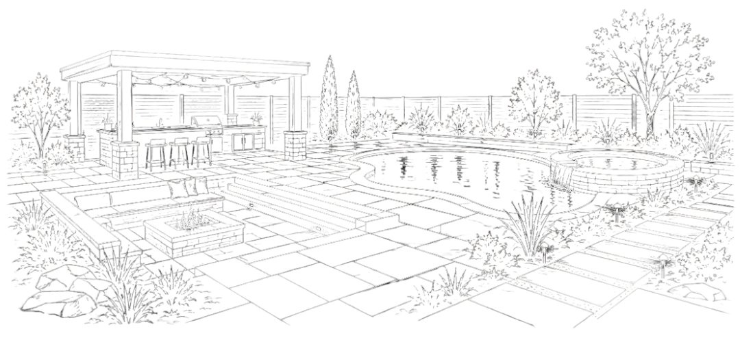 Architectural sketch of a modern backyard landscape design at night