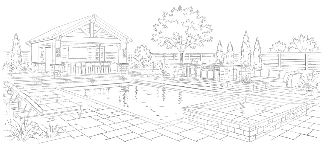 Architectural sketch of a modern backyard oasis at night