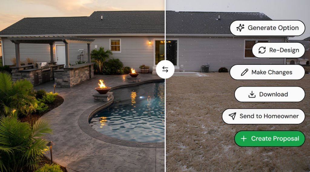ScapeHavenAI Project Render Tool — Before/After backyard transformation