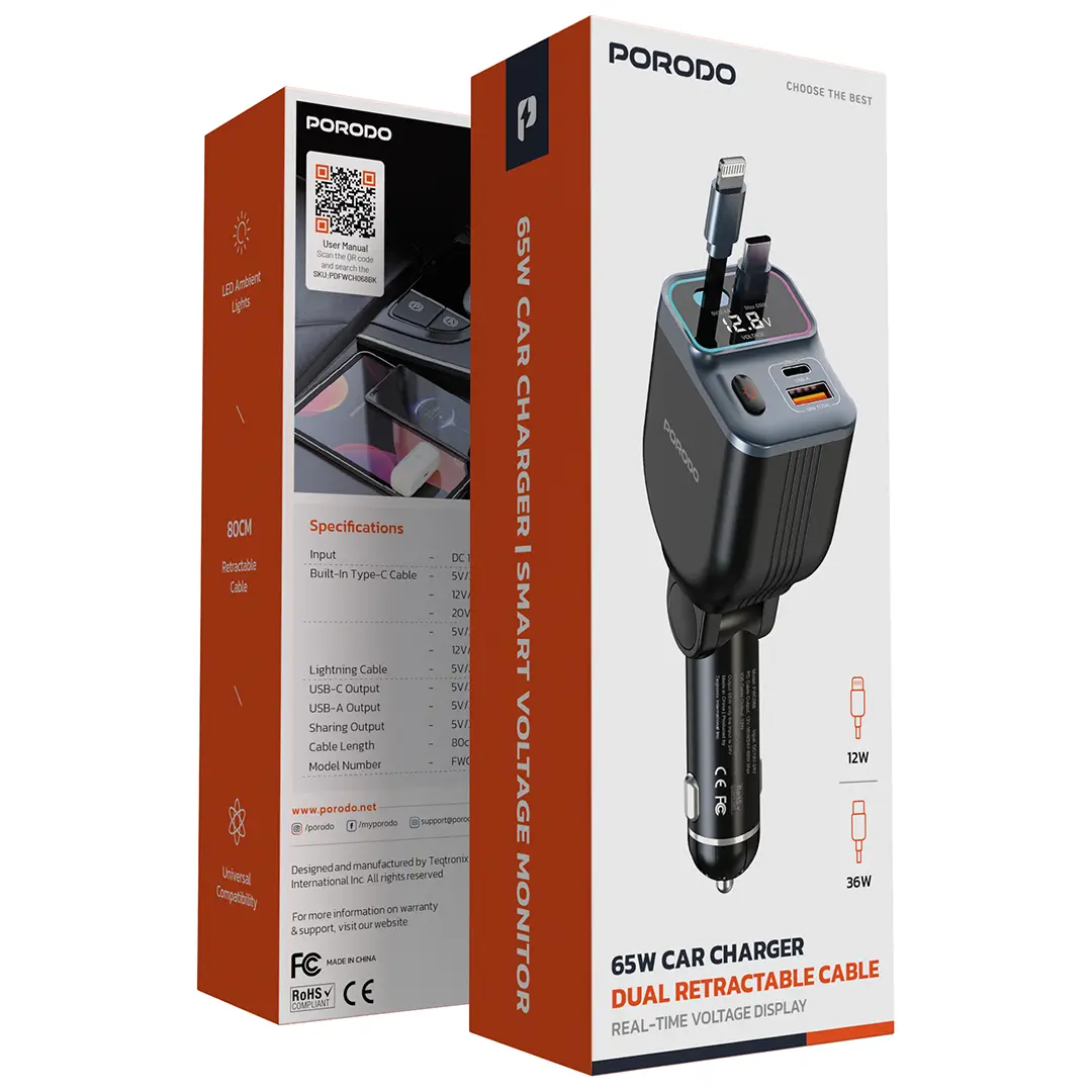 65W CAR CHARGER DUAL RETRACTABLE CABLE